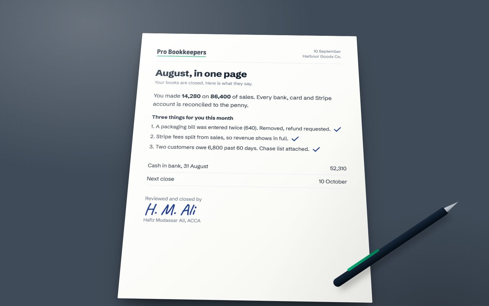 A one-page monthly summary with pen ticks beside three action points and the accountant's signature